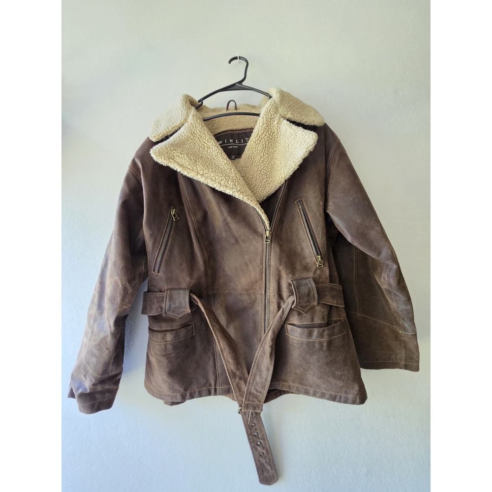 Winlit Men's Brown Aviator Leather Jacket Shearling Lining Full Zip Fur Trim L